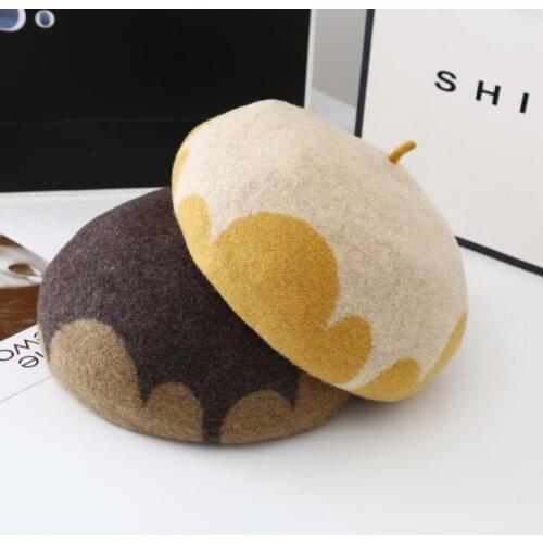 New Girl Beret Warm 100% Wool Winter Beanie Hats Lovely Flower Beret Hats Elegant Lady Winter Caps