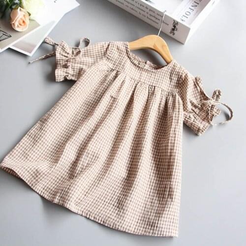 Girls wear fluffy doll round neck striped plaid cuffs tie shirt style large version girls dress