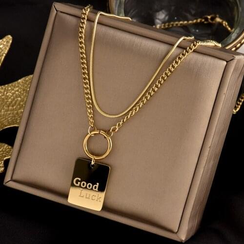 Titanium steel double square brand Good Luck necklace web celebrity cold wind fashion leisure joker cold wind collarbone chain