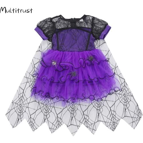 2020 Halloween Girls Party Dress Short Sleeve Spider Pattern Lace Tutu Knee Length Mesh Dress Size 1-5Y