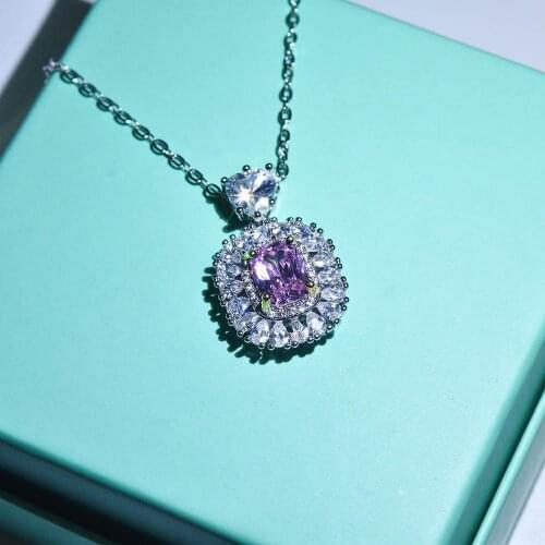 QTT Classic 925 Sterling Silver Womens Pink Pendants With Luxury Huge Square Zircon Ladies Choker Necklace Fashion Jewelry 2021