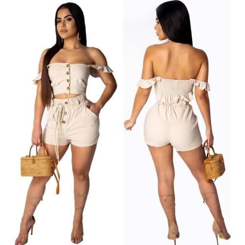 The Trend Of Summer Fashion Womens Solid Color One Word Collar Pants Suit ShortTtwo-piece