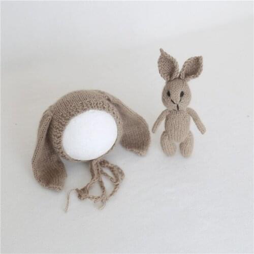 .Luxury Knitted Rabbit Doll Toy Crochet Newborn Bonnet Bunny Toy Set Fluff Easter Bunny Hat Baby Boy Bonnet Doll Photo Props