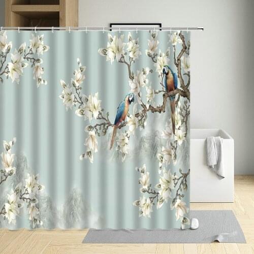Chinese Style Flowers Bird Shower Curtain Elegant Art Floral Landscape Bathroom Wall Decor With Hook Waterproof Hanging Screen