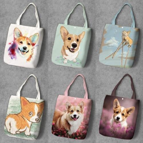 Women Corgi Printed Canvas Handbag Cartoon Dog Print Tote Handbags Casual Shoulder Tote Handbags