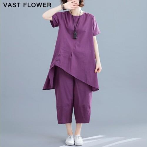 Plus Size Vintage 2 Two Piece Set Women Loose Casual Short Sleeve Midi Summer Dress Suit Elegant Clothes Wide Leg Pants 2021