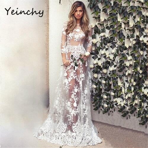 Yeinchy women sexy o neck long sleeve lace dress see through maxi floor length dress FM6035