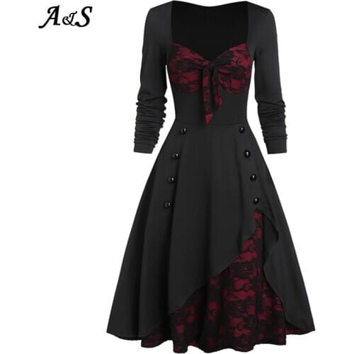 Anbenser Women Vintage Dress Winter Long Sleeve Sexy Court Lace Patchwork Dresses Female Flower Bud Party Elegant Robe Plus Size