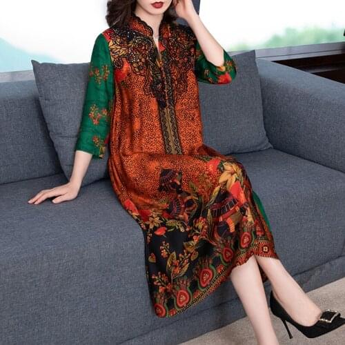 Chikichi Fashion Satin Long Dress Women 2021 Summer New Fashion Retro Printing Contrast Stitching Loose Dress Plus Size 4XL