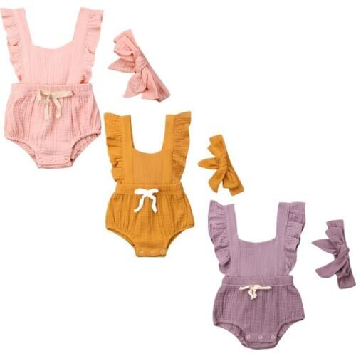 Baby Clothes Newborn Toddler Baby Girls Cotton Ruffle Sleeveless Bodysuit Headband 2PCS Outfits