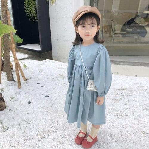 Girls Puff Sleeve Korean Dress Autumn New Style Childrens Long Sleeve Solid Color Casual Loose Pleated Dresses WTA41