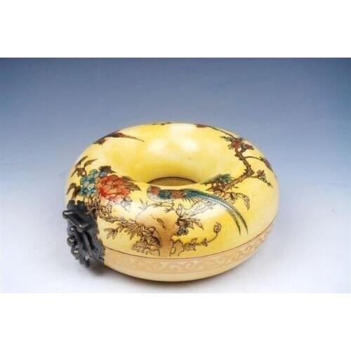 Exquisite Chinese Classical Yellow Wood Round Necklace Jewelry Box Painted with Birds Flowers Plum Blossoms with Brass Lock