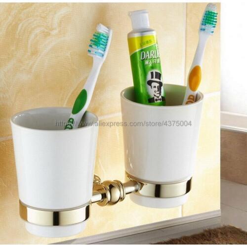 Ceramic Tooth Mug Tooth Gargle Cup with Golden Brass Rack Holder Wall Mounted, with Two Ceramic Cups Nba138