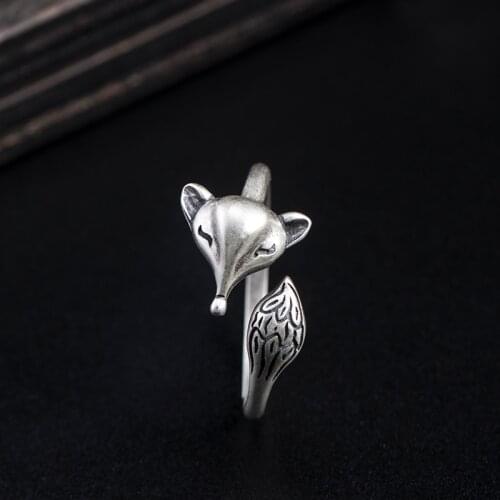 VLA Real 925 Silver Retro Design Punk Ring Womens Fox Ring Adjustable Size Animal Jewelry Wholesale Customization