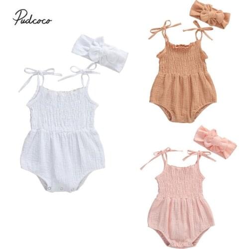 2020 0-18M Newborn Baby Girl Cotton Rompers Headband Sleeveless Summer Solid Cotton Linen Clothes Jumpsuit Playsuit Outfit
