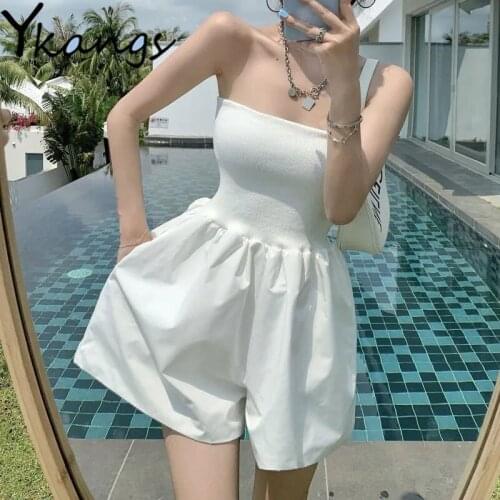 Summer Strapless Sexy Loose Solid White Jumpsuit Wide Leg Shorts Bodycon Overalls Casual Korean Fashion Black Strapless Playsuit