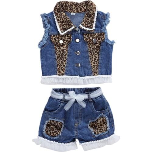 Fashion Toddler Kid Baby Girls Clothes Kids Summer Leopard Sleeveless Denim Jacket Vest Tops+Shorts Outfit Sets 1-6Y