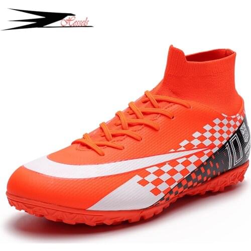 Men Shoe White Orange Football Boots High Ankle Soccer Soft Groud Man Shoes Botas De Futbol Socks Cleats Training Sneakers TF/FG