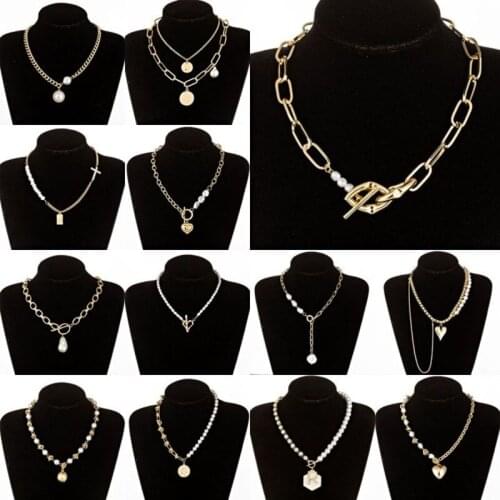 Newest Asymmetric Metal Pearl Necklace for Women Choker Aesthetic Grunge Chunky Thick Chain Necklaces & Pendants Fashion Jewelry