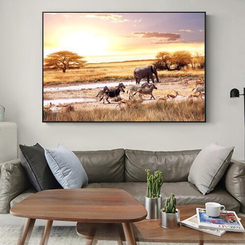 Africa Landscape Wall Posters And Prints Elephant Zebra Canvas Art Wall Paintings Realist Canvas Prints For Living Room Decor