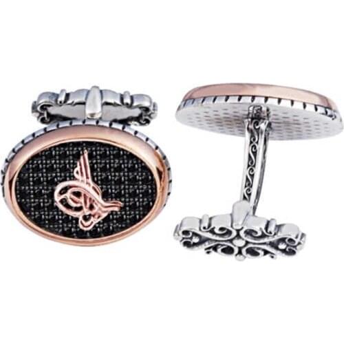 Silver Black Zircon Stone Ottoman Tuğralı Oval Cufflinks