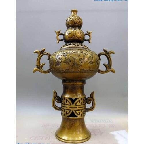 15" China brass copper two dragon play bead Gourd censer Incense burner Statue