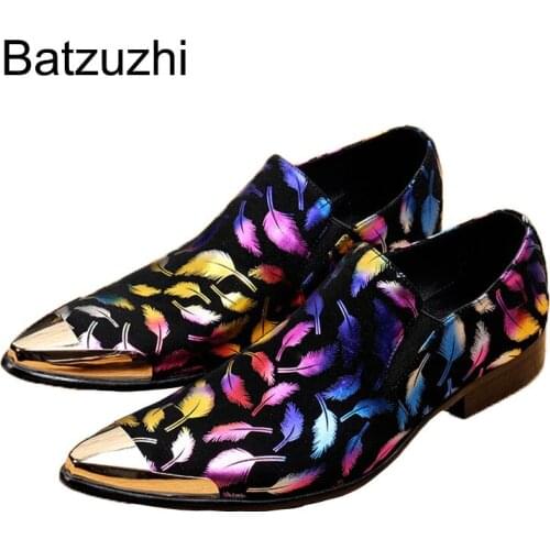 Batzuzhi Italian Men Dress Shoes Genuine Leather Black with Colorful Flowers Oxford Shoes for Men Business Wedding Shoes, 38-46