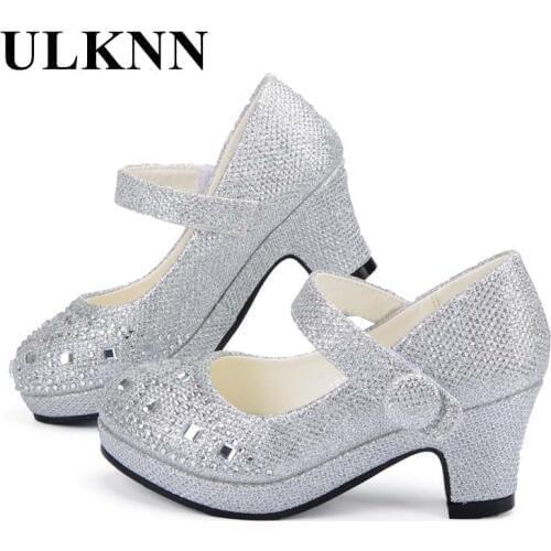 ULKNN Children Princess Shoes for Girls Sandals High Heel Glitter Shiny Rhinestone Enfants Fille Female Party Dress Shoes