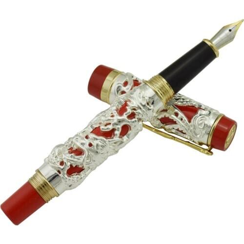 Jinhao Dragon Phoenix Vintage Luxurious Fountain Pen, Metal Carving Embossing Heavy Pen, Noble Silver & Red for Office School