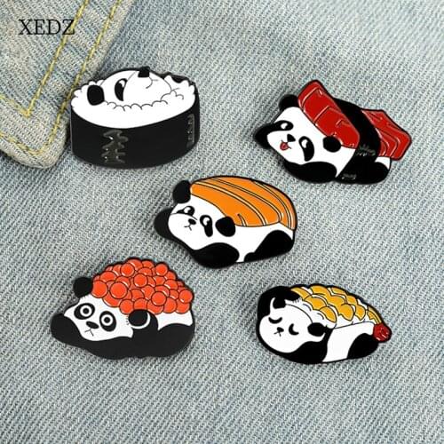 XEDZ Cartoon Lazy Panda Enamel Brooch Children Cute Animal Sushi Caviar Rice Ball Gourmet Badge Jewelry Gift