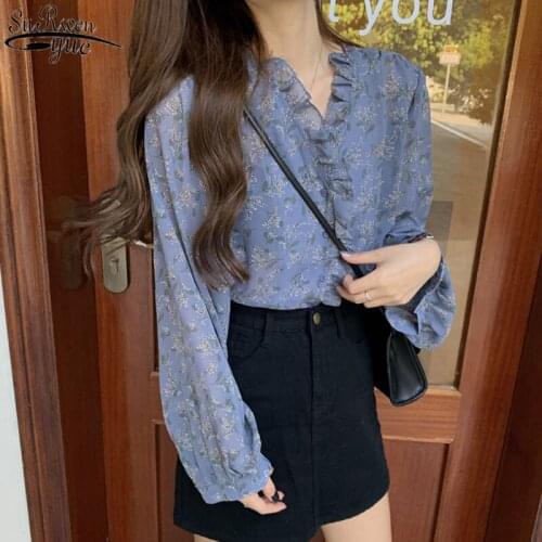 2021 Printed Puff Sleeve Loose Blouse Women Fashion Sping Autumn Long Sleeve Women Shirts Short Chiffon Blouses Cardigan 10314