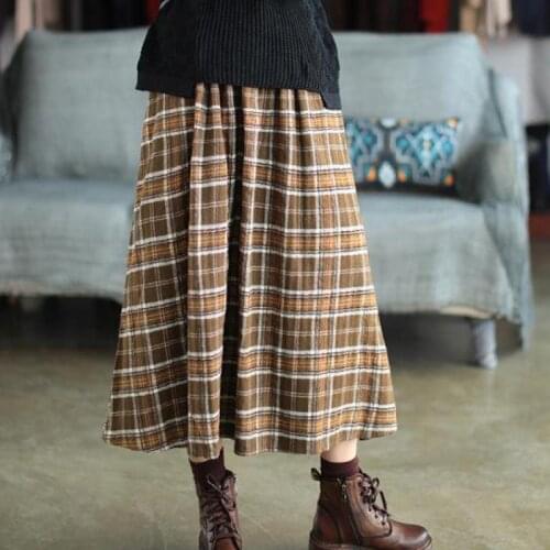 FairyNatural Loose Vintage Plaid Pockets Female Half Skirts 2021 Autumn Winter New Ladies Simple Skirt Elastic Waist