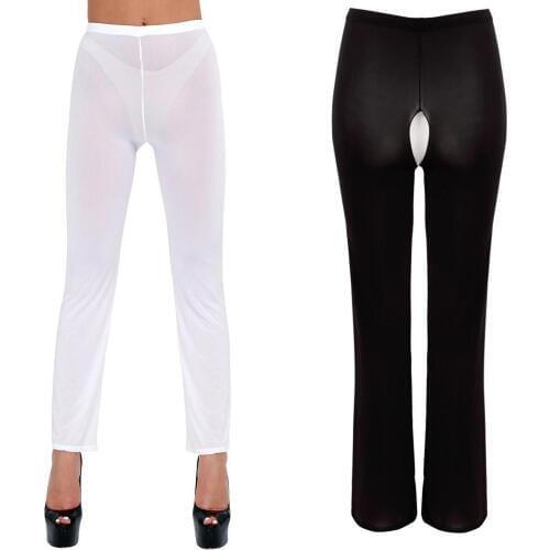 Women Sexy Shiny Sheer Crotchless Leggings Transparent See Through Skinny Pencil Glossy Hot Pants Trousers Lingerie