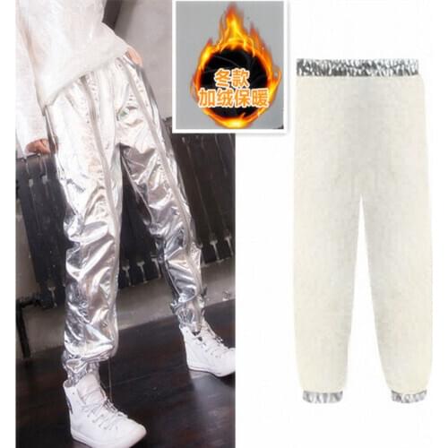2020 Winter Thick Sequin Pants Fashion Zipper Harem Pants Womens Silver Metallic Glitter Banded Velvet Pants Casual Trousers
