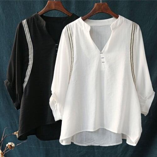 Femme Tops Casual White Blouse Plus Size Blusas Femininas Summer Arts Style Women Stripe Spliced Loose V-Neck Shirts