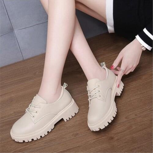 Women thick heel soft soled shoes professional tooling genuine leather shoes black Beige Autumn 2021 new thick sole muffin shoes