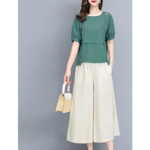 Women Cotton Linen Wide-leg Pants Suit Female 2021 Summer New Ethnic Loose Retro Casual Two-piece Suit Boho Pants Set Large Size