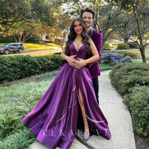 Vintage Purple Satin Deep V-neck Evening Dresses Spaghetti Straps A-line Women Party Gowns Plus Size Formal Dresses