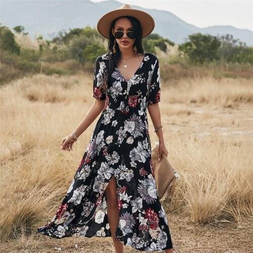 Women Elegant Floral Print Long Dress Sexy V Neck Slim High Waist Bandage Summer Dress Ladies A Line Print Maxi Dresses