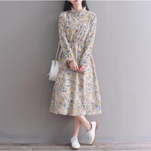 Gray,Khaki Mori Girl Dress 2019 New Autumn Winter Women Long Sleeved Floral Print Corduroy Dresses Female Vintage Vestidos M-XL