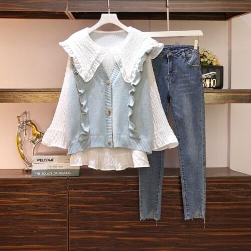 Large size womens 2021 spring dress new fat sister foreign style thin vest shirt jeans belly cover age reducing suit