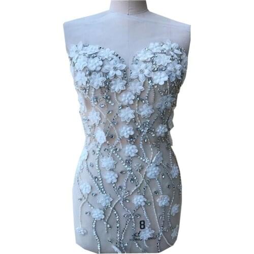 3D Flower Large Mesh Lace Applique Full Body Length Dress Size Beaded Rhinestone Sequins Motif Bridal Wedding Bodice Patches Pri