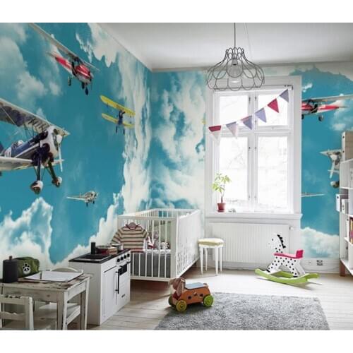 3d mural wallpaper Sea blue sky white cloud plane wallpaper childrens room background wallpaper dormitory mural wall cloth
