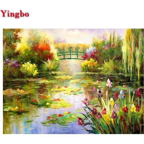 5D DIY Diamond Painting Full Square Round Diamond Embroidery Lotus pond landscape Diamond Mosaic Rhinestone Picture Pastes