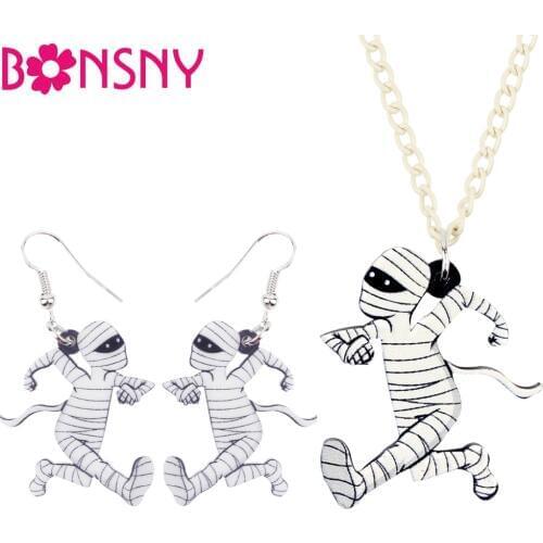 Bonsny Acrylic Novelty Halloween Running Mummy Earrings Necklace Party Jewelry Sets For Women Girls Teens Festival Accessories
