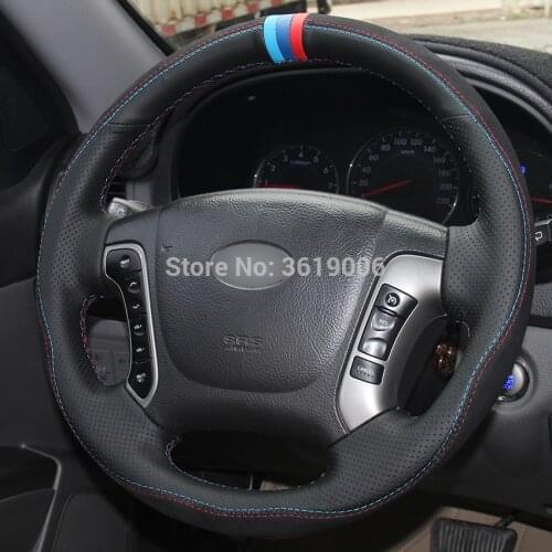 For Hyundai Santa Fe 2006-2012 Hand-stitched Anti-Slip Black Leather Black Thread DIY Steering Wheel Cover