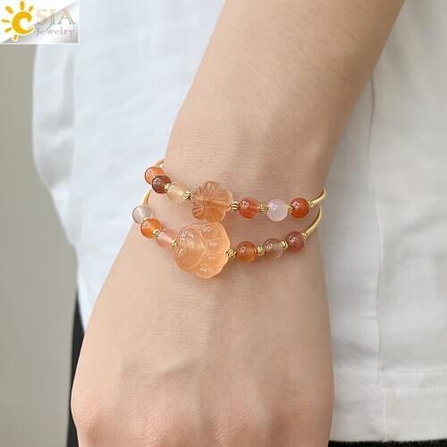 CSJA Red Agates Onyx Open Cuff Bracelet for Girl Natural Stone Beads Bracelets Rose Gold Color Soft Copper Bangles Pulseras G561