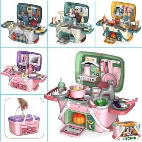 Children Kitchen Toys Food Cooking Suitcase Pretend Play With Toys Tools BBQ Makeup Electric Spray Water Play House Toys Suit