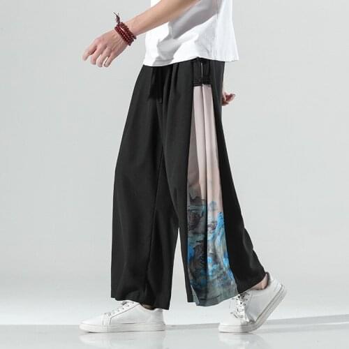 Chinese Style Patchwork Plus Size Culottes Loose Casual Trousers MenS Clothing Cotton Linen Wide Leg Pants Harajuku Male 30434