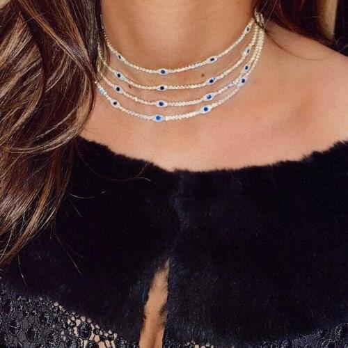 Cute Mini Iced Out Tennis Chain Link Turkish Evil Eye Choker Necklace Paved Mini Blue White CZ for Women Girls Party Wedding